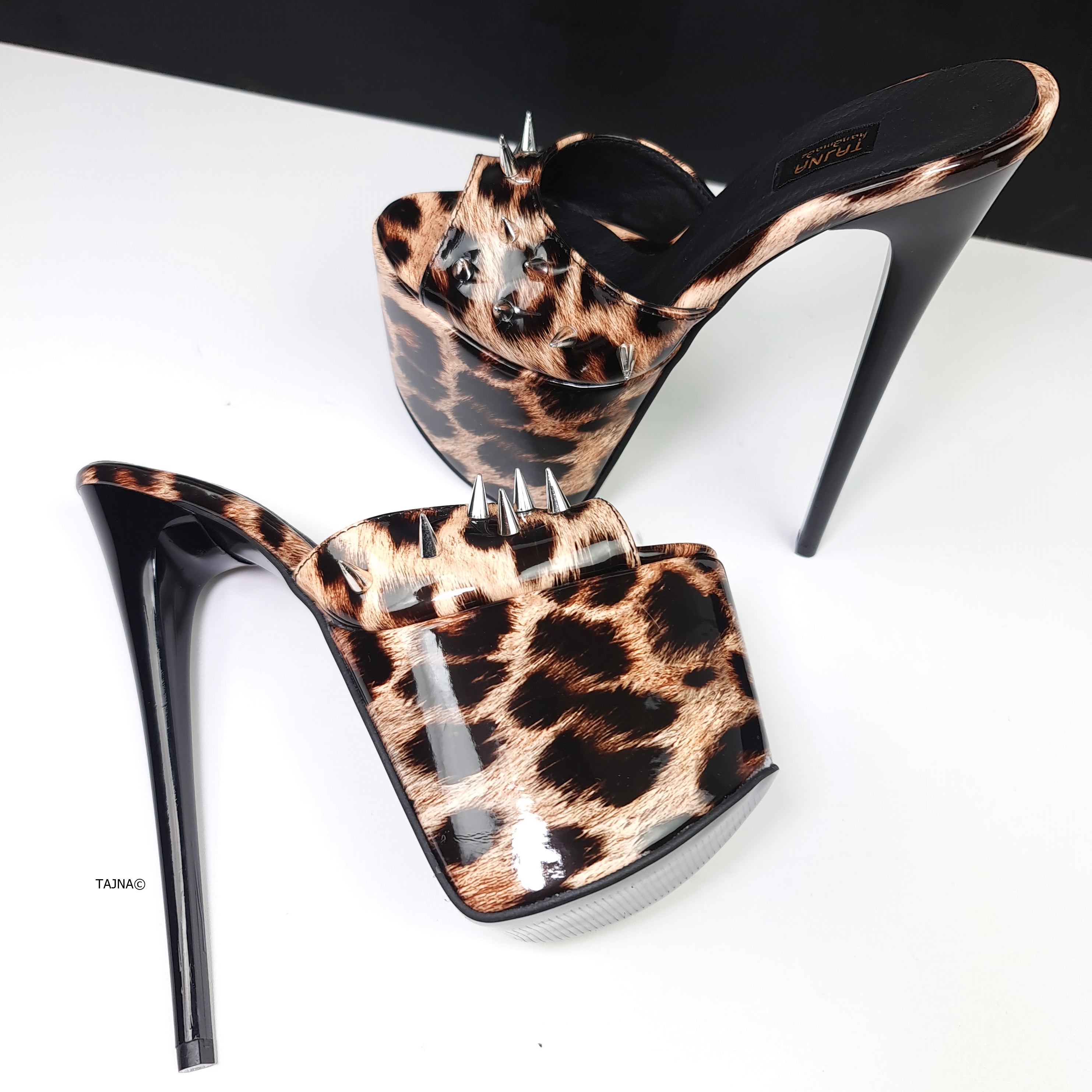 Leopard Gloss Spike Studded High Heel Mules