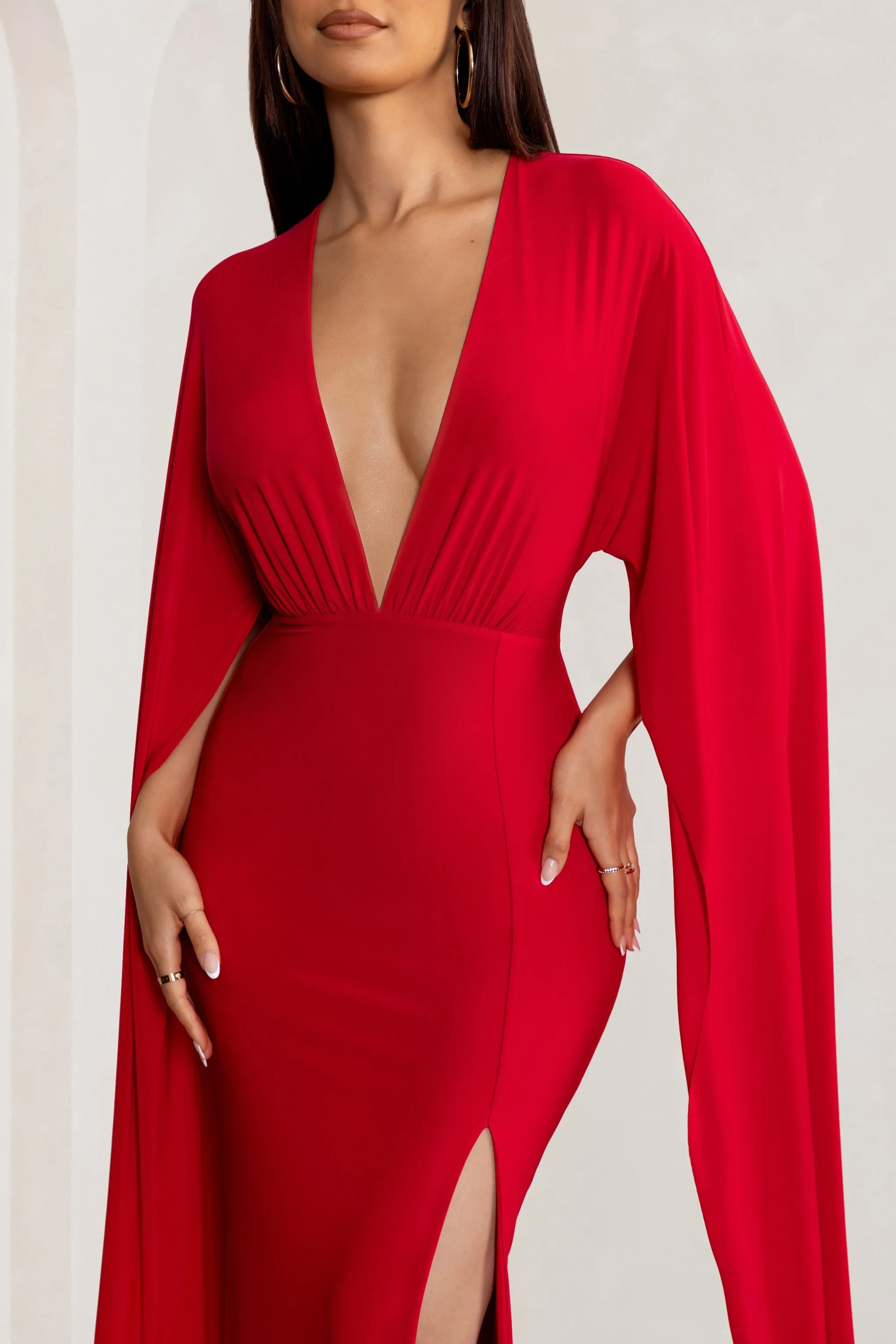 Maggie | Red Plunge Neck Maxi Dress with Cape Sleeves and Thigh Split