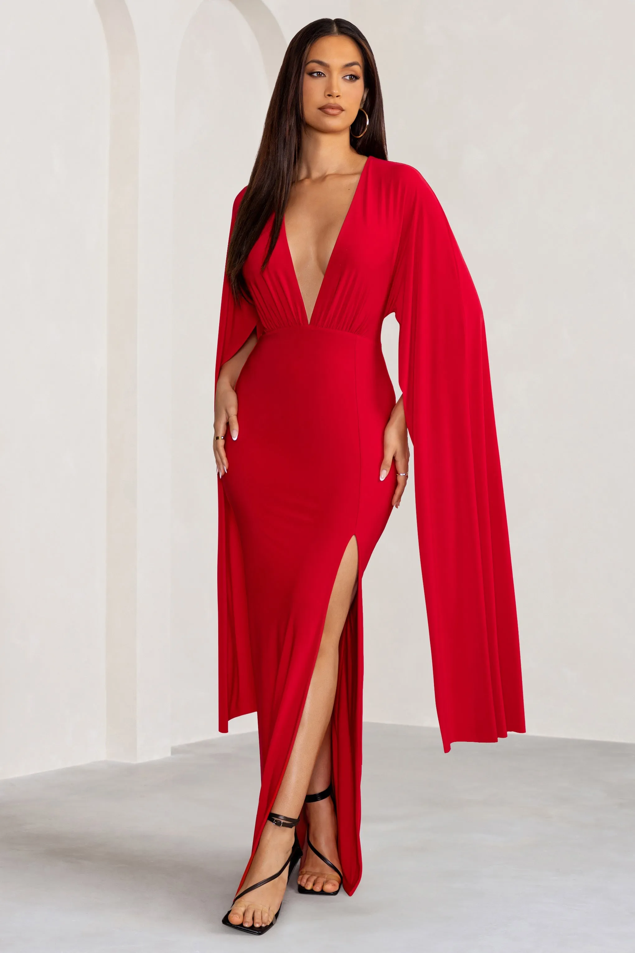 Maggie | Red Plunge Neck Maxi Dress with Cape Sleeves and Thigh Split