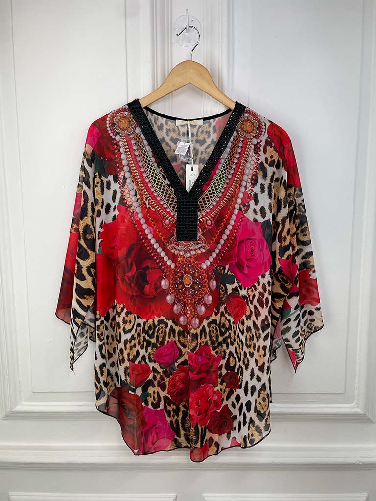 Malissa J Studded Kaftan Top - Rose & Leopard