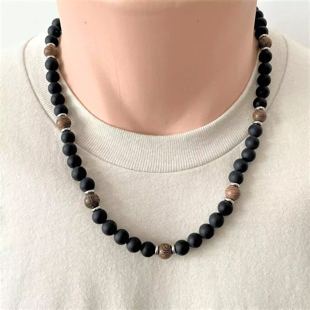 Matte Black Onyx and Brown Wood Mens Beaded Necklace