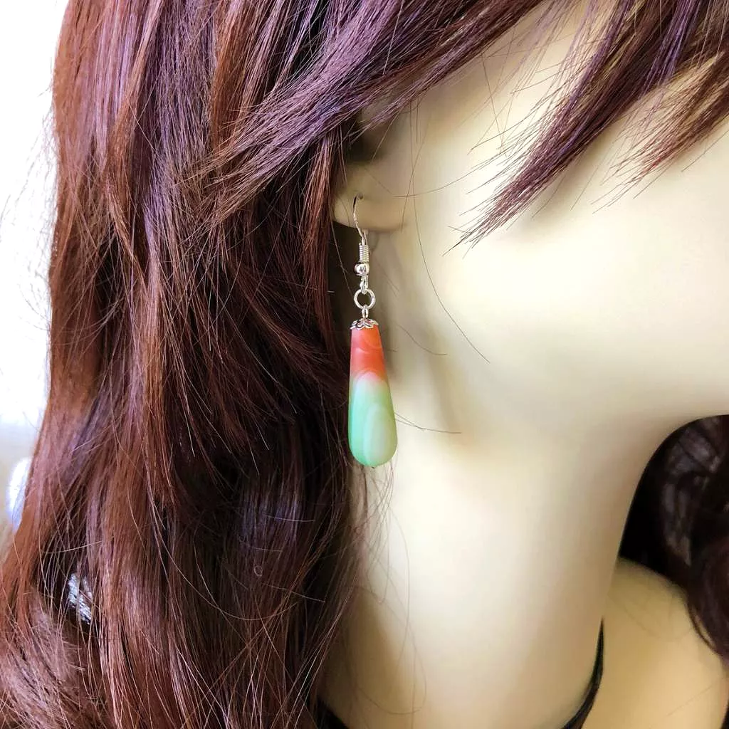 Matte Green and Red Harvest Long Teardrop Agate Earrings