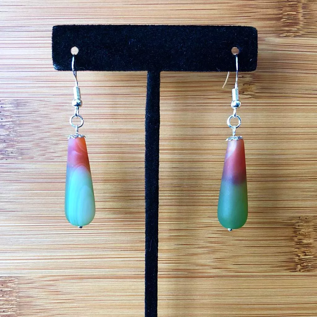 Matte Green and Red Harvest Long Teardrop Agate Earrings