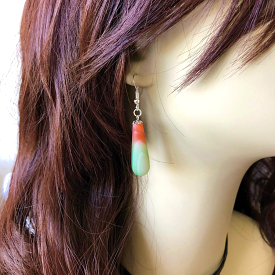 Matte Green and Red Harvest Long Teardrop Agate Earrings