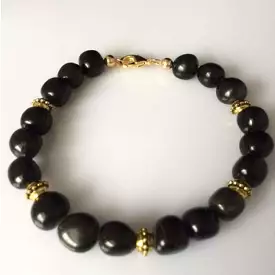 Mens Black Obsidian Pebble Beaded Bracelet with Gold Accent Beads