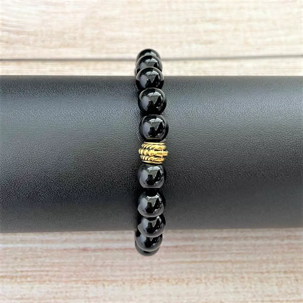 Mens Black Onyx 8mm Beaded Bracelet with Gold Bead