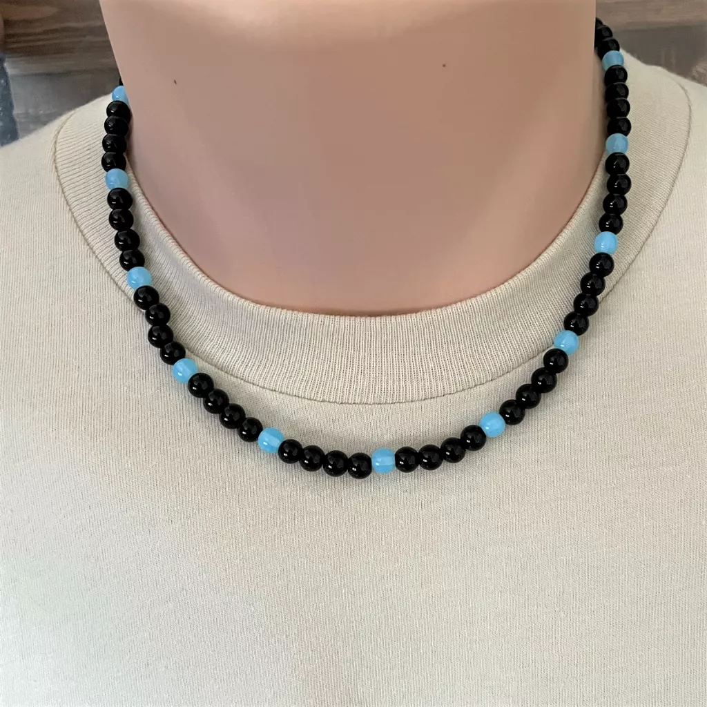 Mens Black Onyx and Baby Blue Czech Beaded Necklace