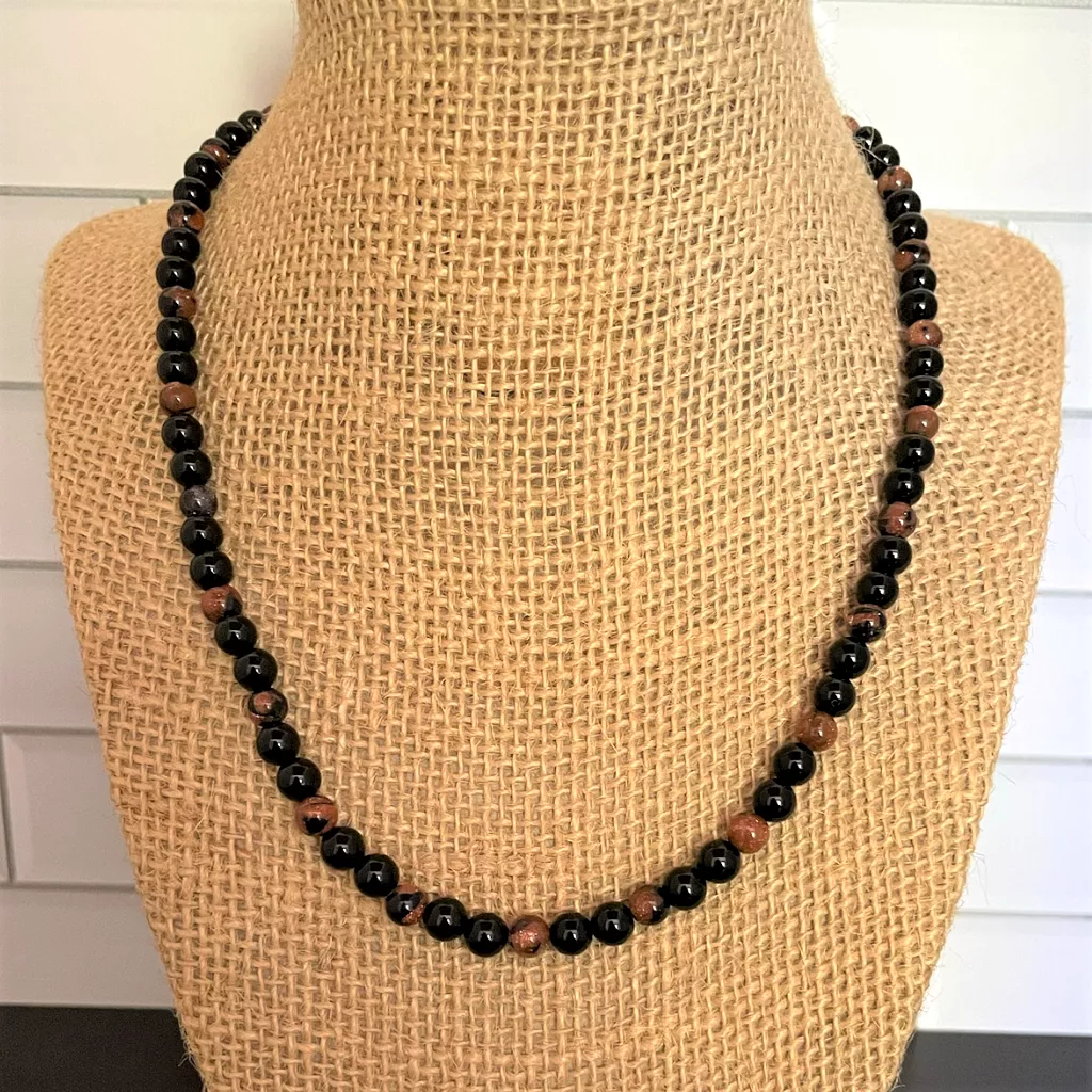 Mens Black Onyx and Goldstone Beaded Necklace