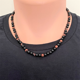 Mens Black Onyx and Goldstone Beaded Necklace