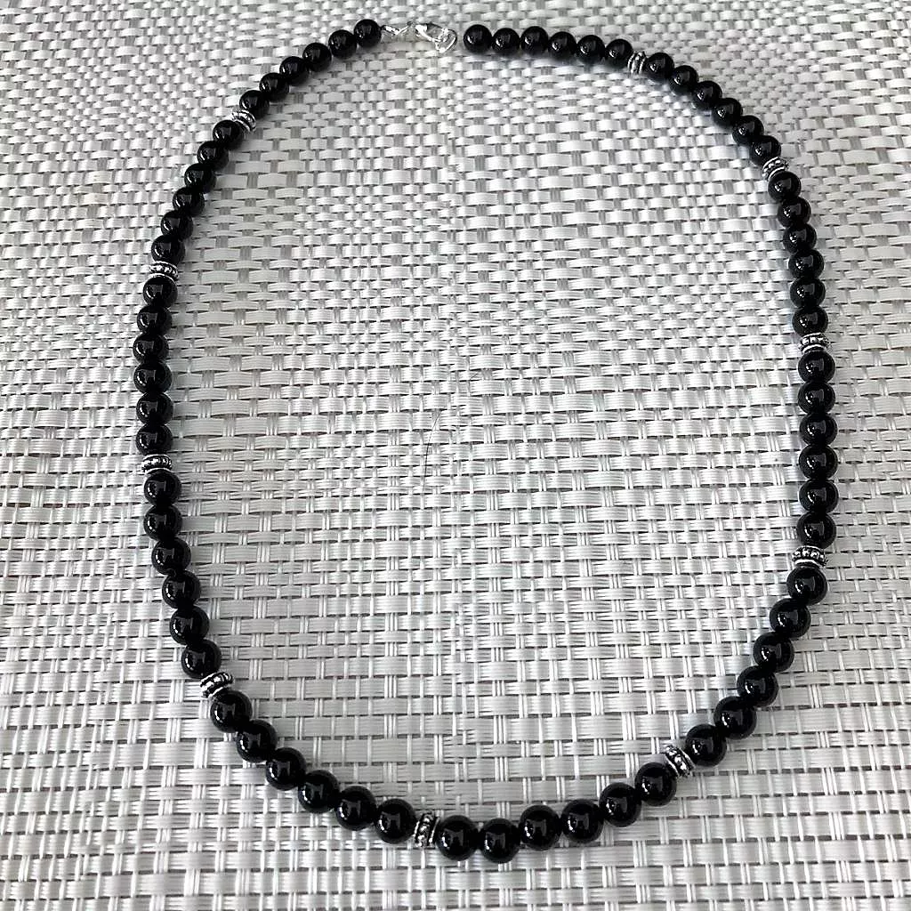 Mens Black Onyx and Silver Beaded Necklace