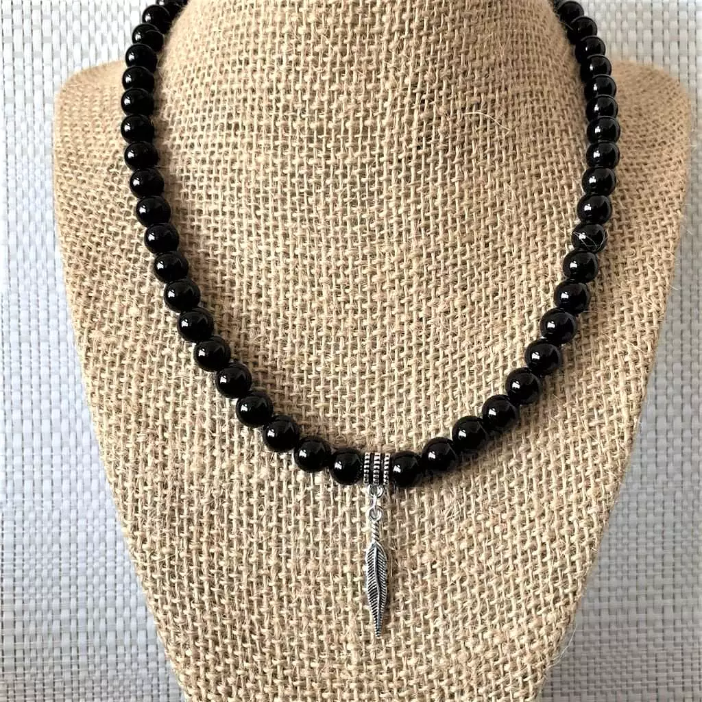 Mens Black Onyx and Silver Feather Beaded Necklace