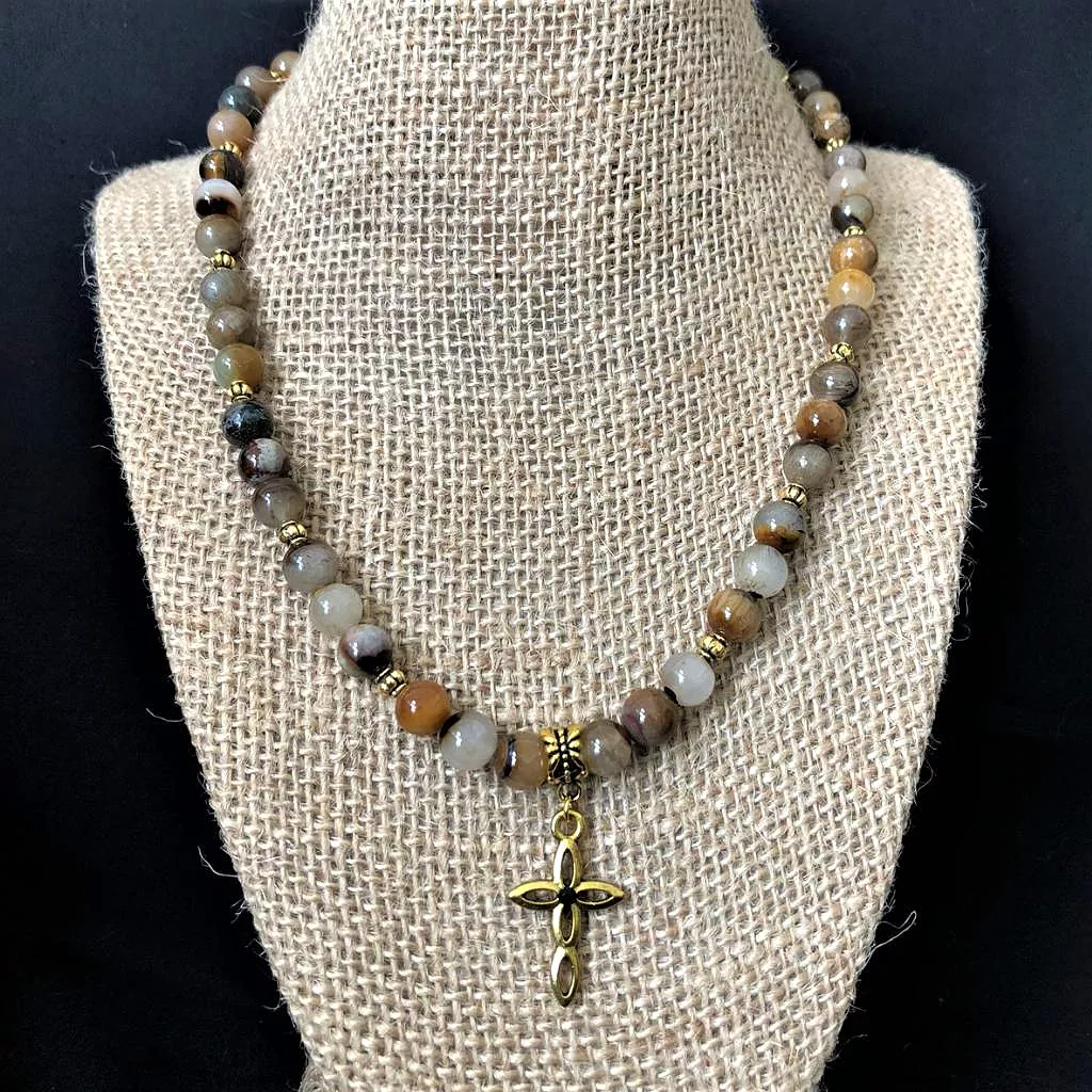 Mens Golden Wooden Jasper Beaded Cross Necklace