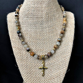 Mens Golden Wooden Jasper Beaded Cross Necklace