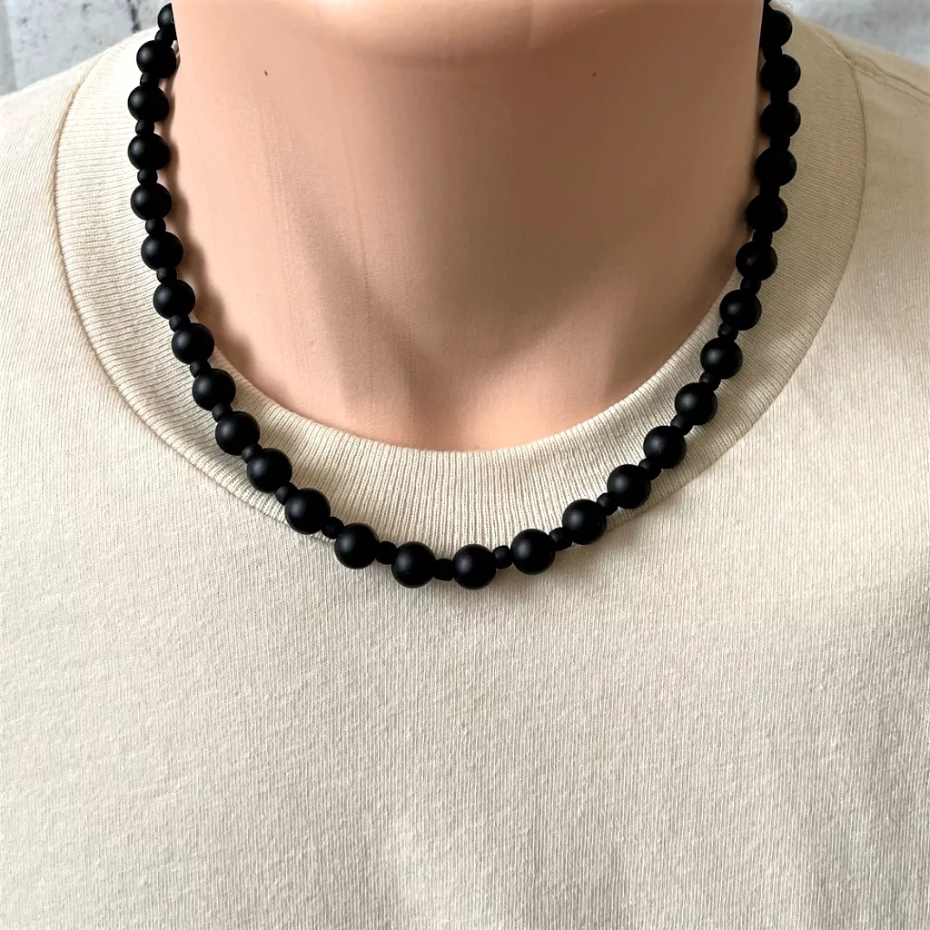 Mens Matte Black Onyx and Matte Toho Beaded Necklace