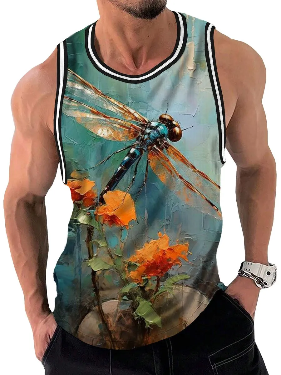 Men's Oil Painting Dragonfly Print Round Neck Casual Tank Top