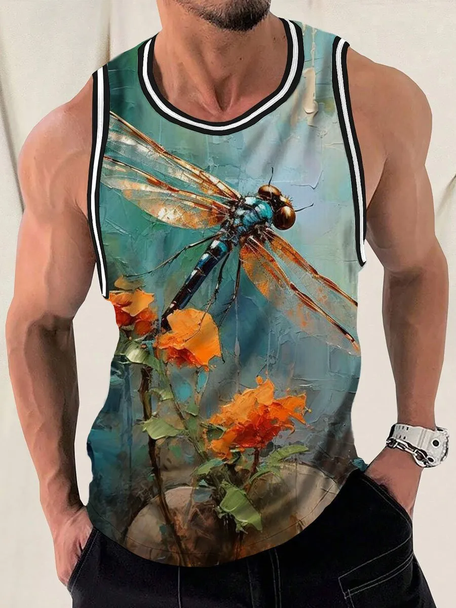 Men's Oil Painting Dragonfly Print Round Neck Casual Tank Top