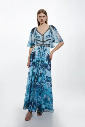 Mirrored Floral Bead And Embroidered Woven Maxi With Detachable Cape | Karen Millen