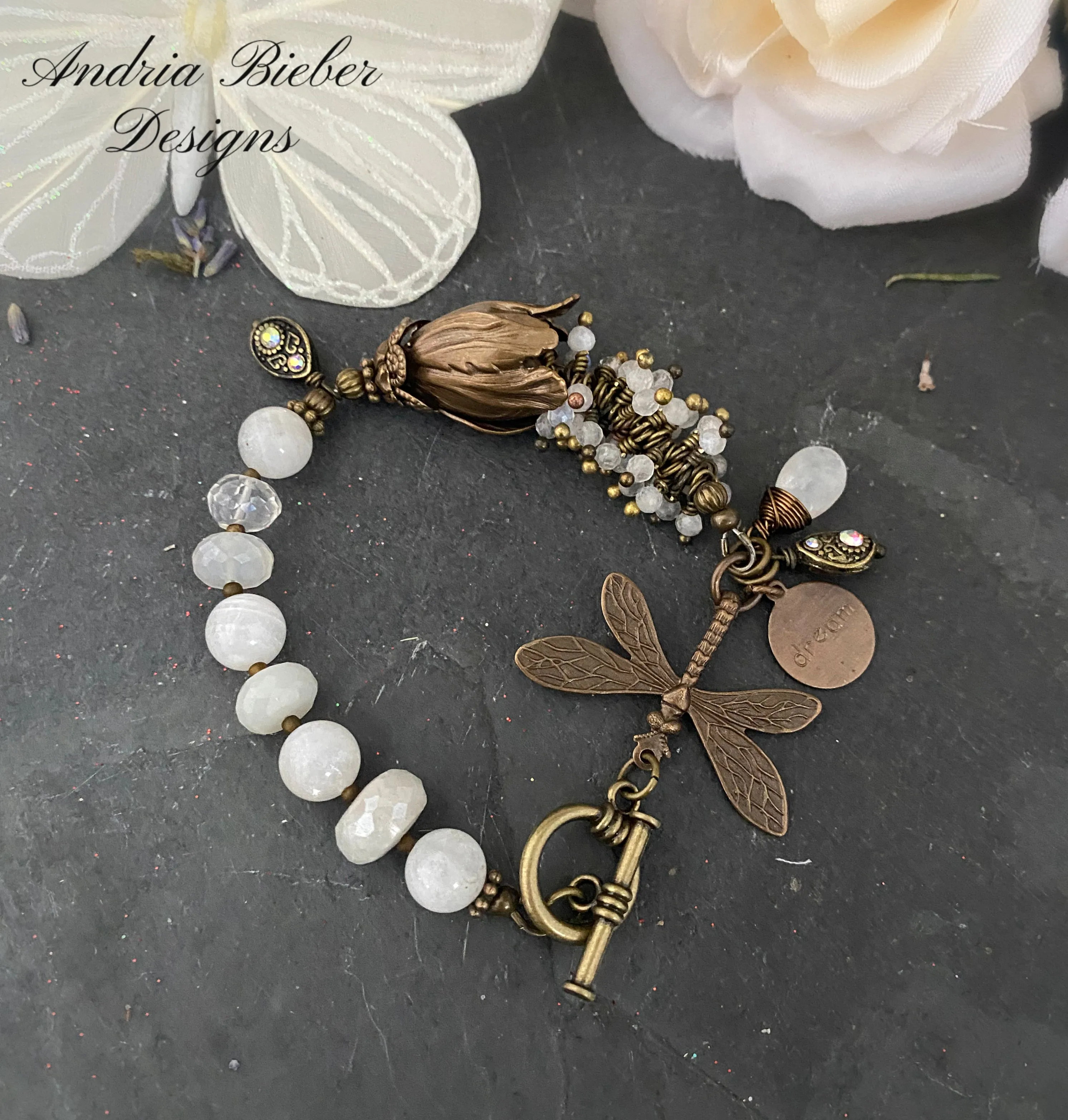 Moonstone, dragonfly, charm bracelet