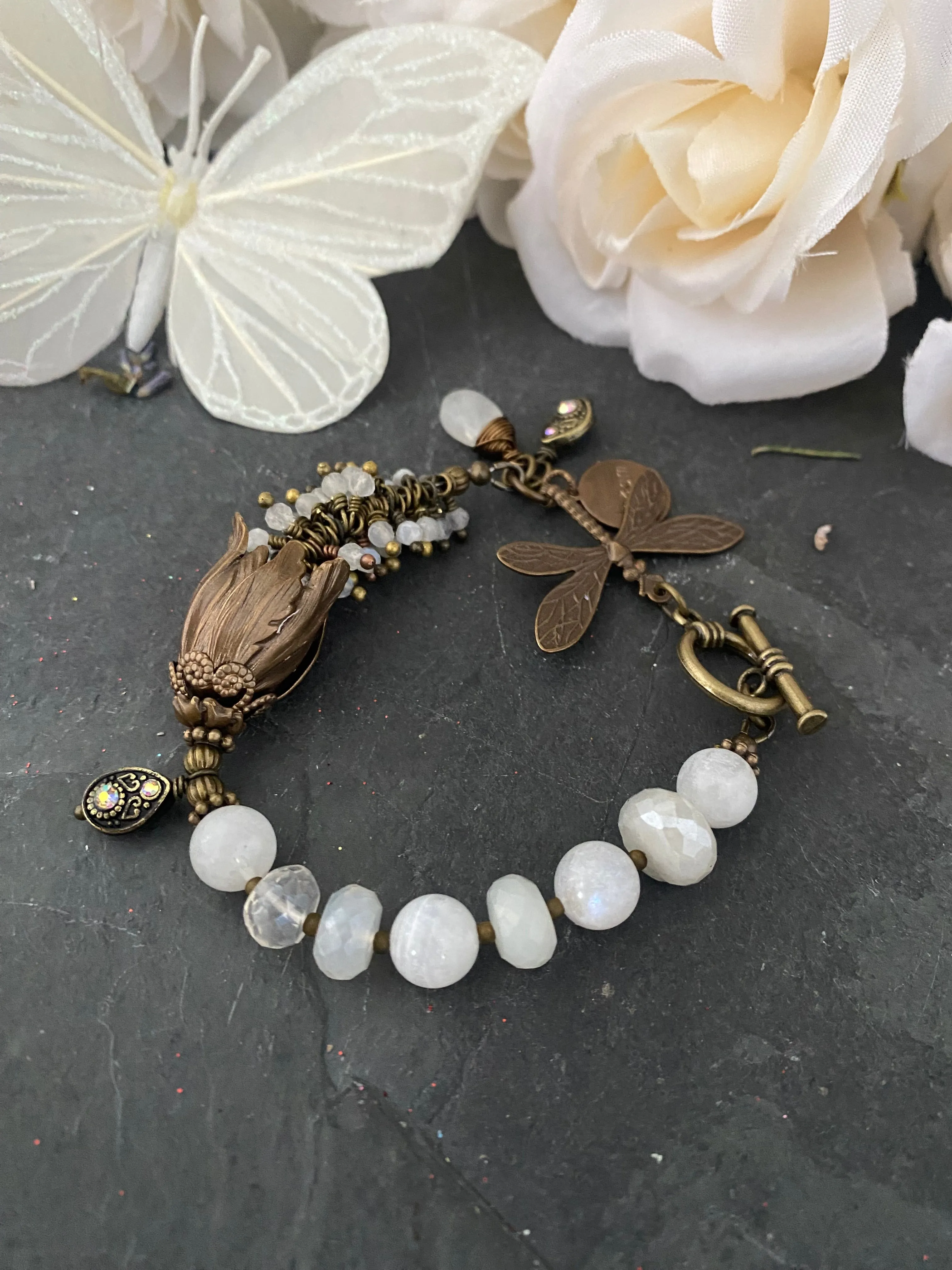 Moonstone, dragonfly, charm bracelet