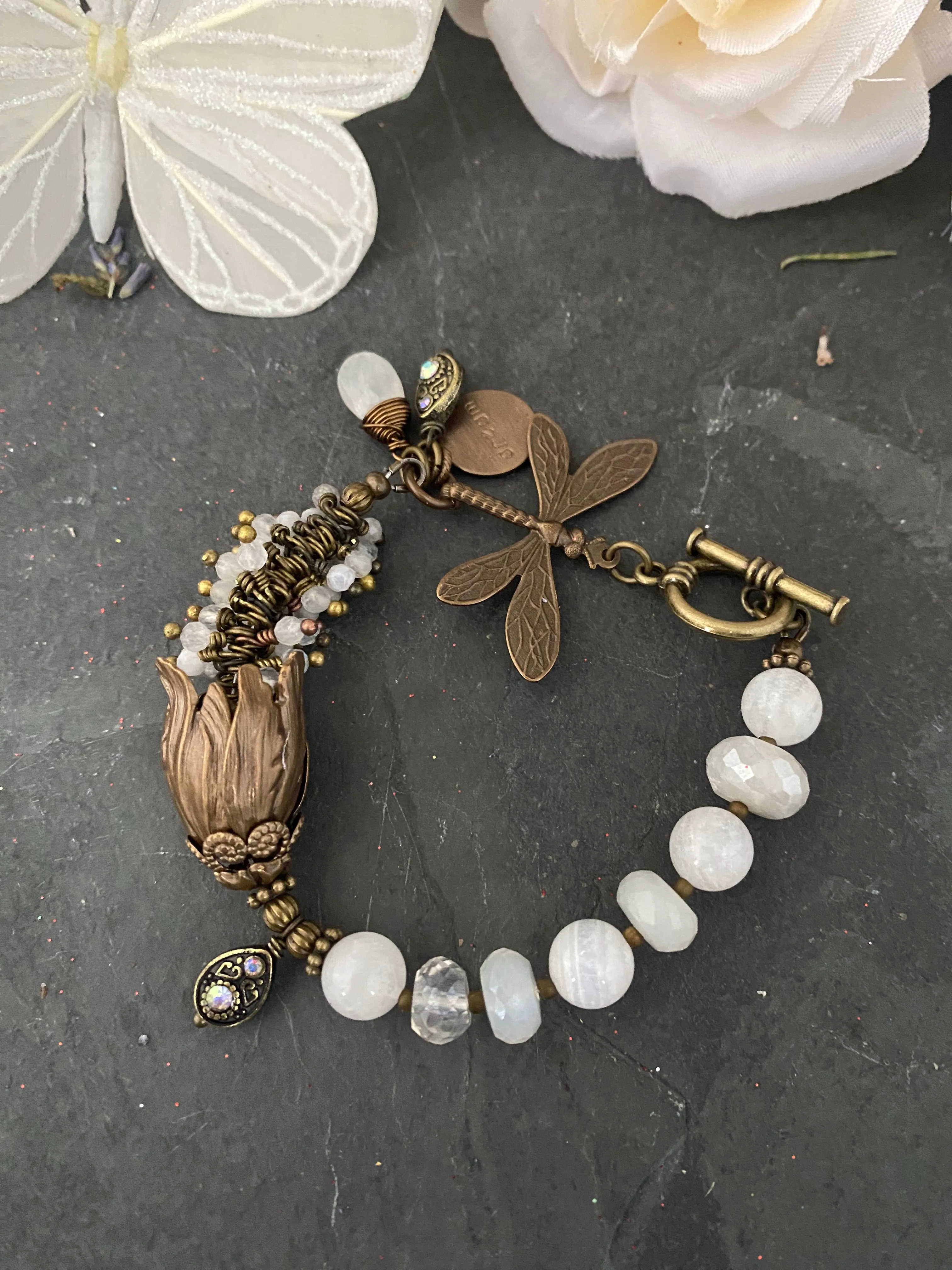 Moonstone, dragonfly, charm bracelet