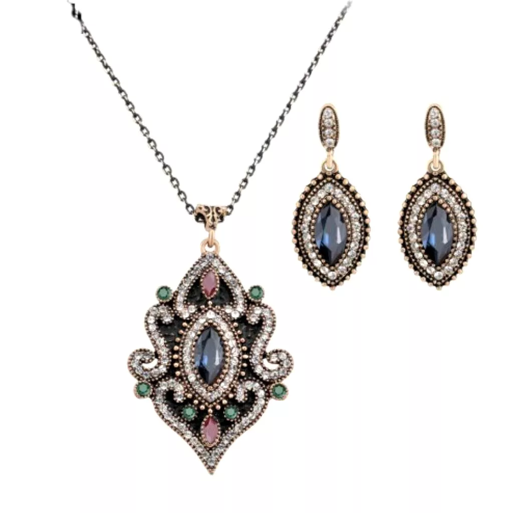 Multi Colored Crystal and Gold Antique Necklace and Earrings Set