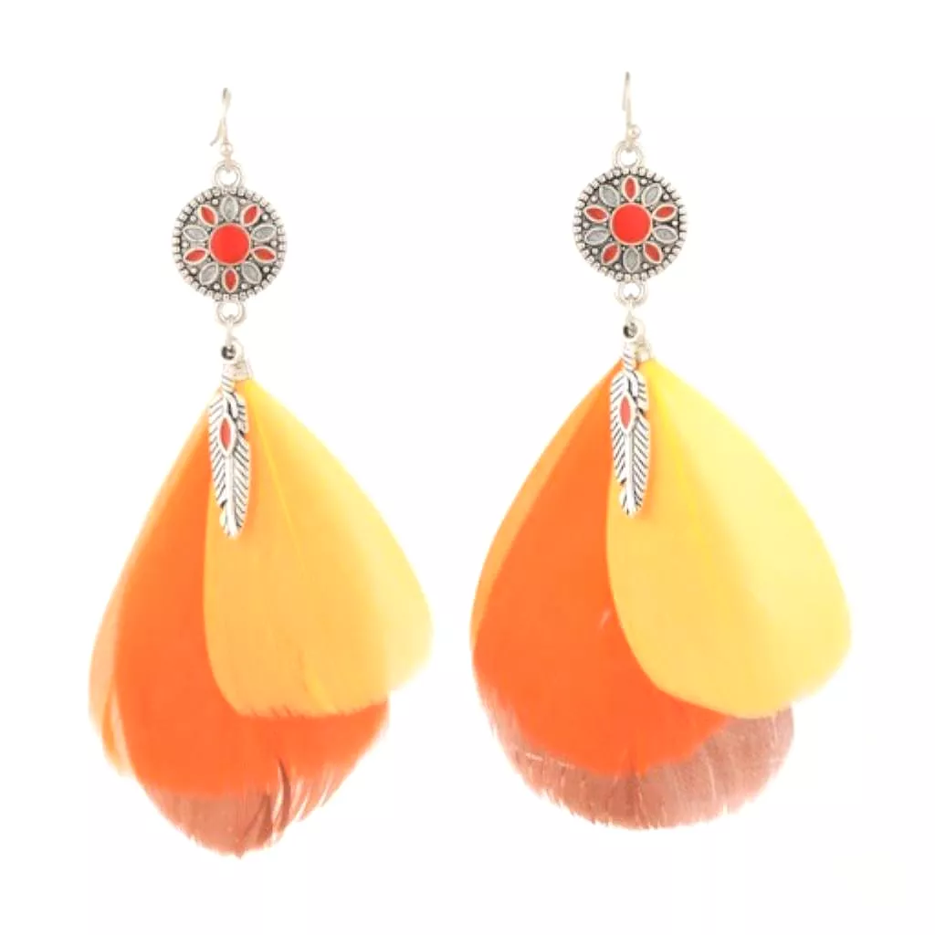 Orange Yellow and Brown Feather Long Dangle Earrings