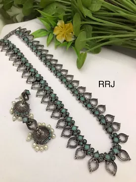 Pastel Green  Studded  Oxidized Silver Finish Long Necklace Set for Women-RITU001LPG