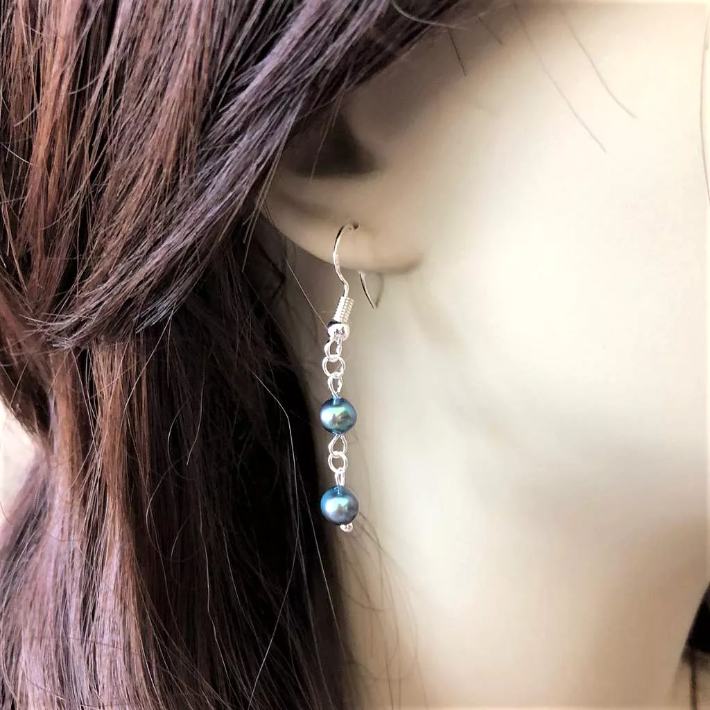 Peacock Blue Potato Pearl Dangle Earrings