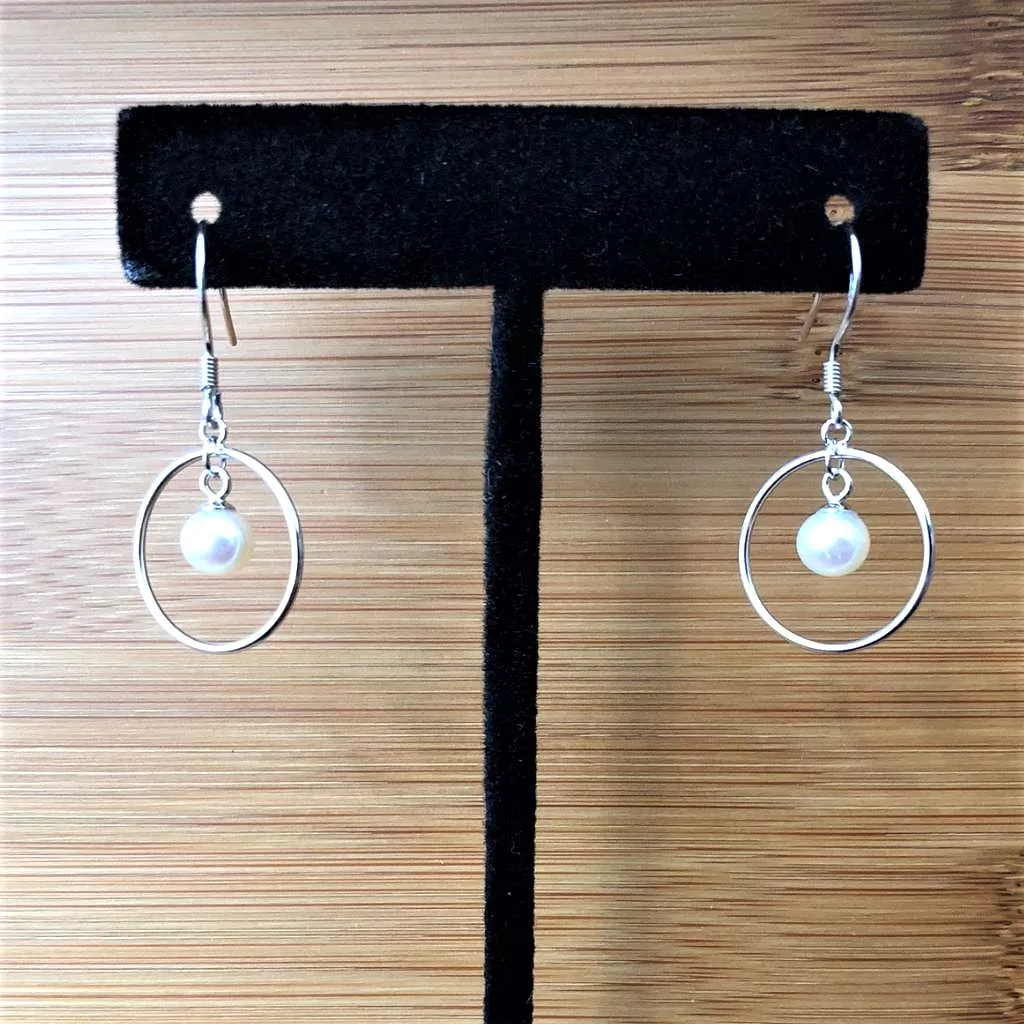 Pearl Sterling Silver Hoop Dangle Earrings