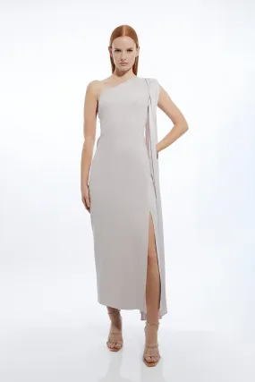 Petite Viscose Satin Back Crepe Tailored One Shoulder Cape Maxi Dress | Karen Millen