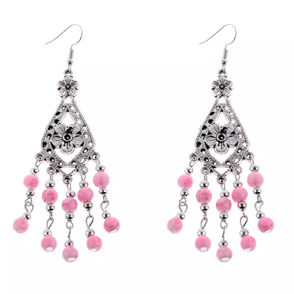 Pink and Silver Beaded Flower Dangle Earrings