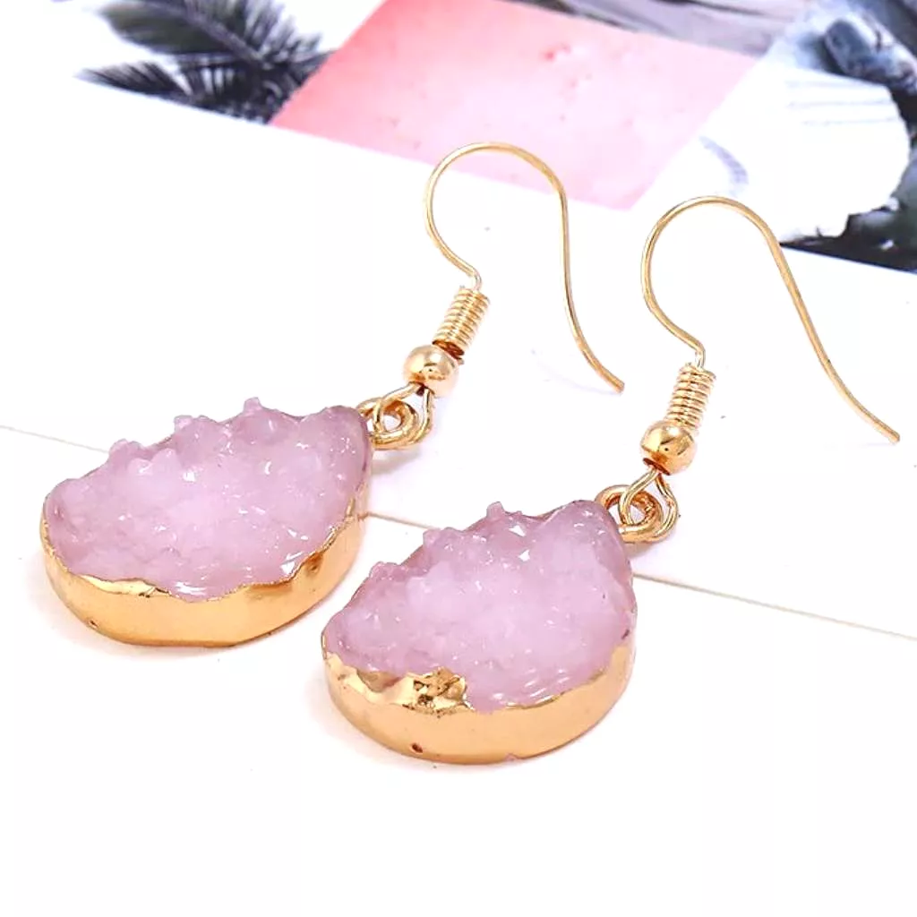 Pink Druzy Teardrop Dangle Earrings