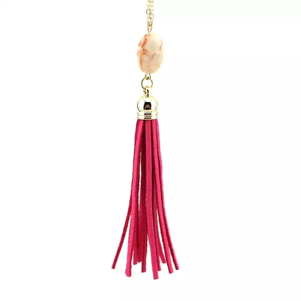 Pink Natural Stone and Tassel Long Necklace