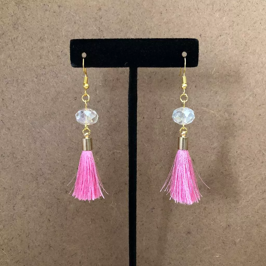 Pink Tassel and Clear Crystal Dangle Earrings