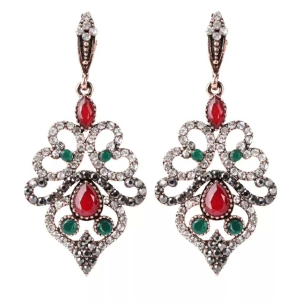 Red and Green Crystal Antique Gold Long Earrings