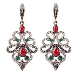 Red and Green Crystal Antique Gold Long Earrings