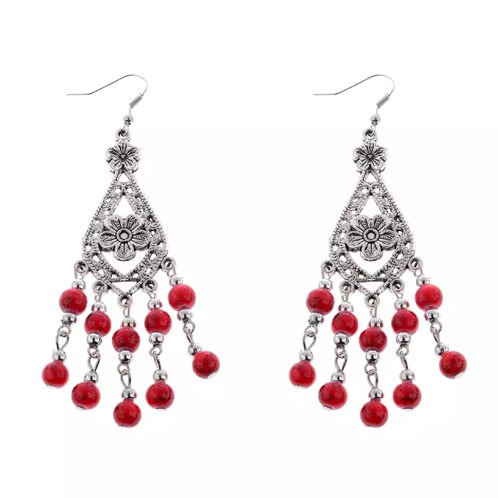 Red and Silver Beaded Flower Dangle Earrings