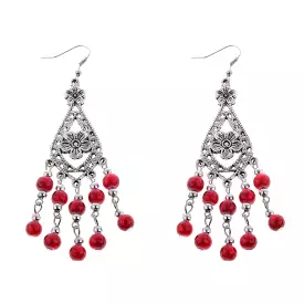 Red and Silver Beaded Flower Dangle Earrings