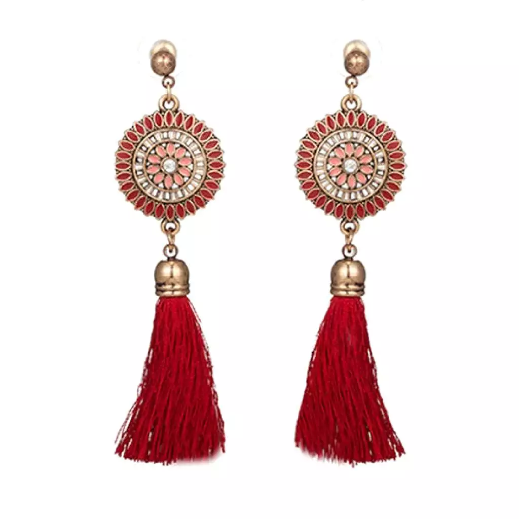 Red Bohemian Gold Disc and Tassel Earrings