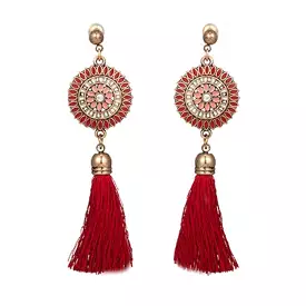 Red Bohemian Gold Disc and Tassel Earrings