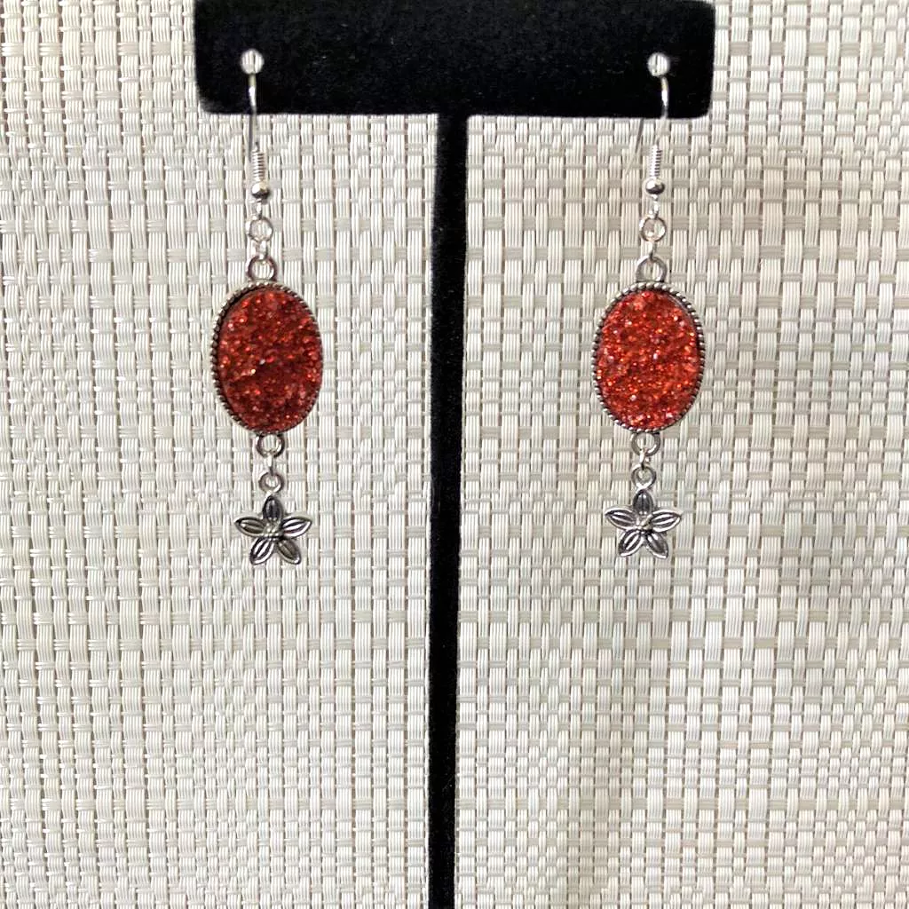 Red Druzy and Silver Flower Drop Earrings