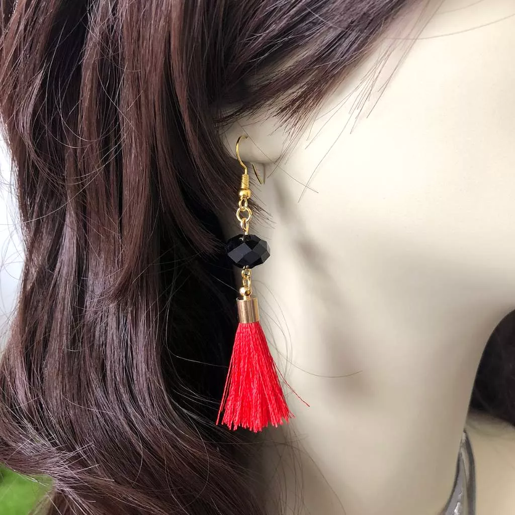 Red Tassel and Black Crystal Dangle Earrings