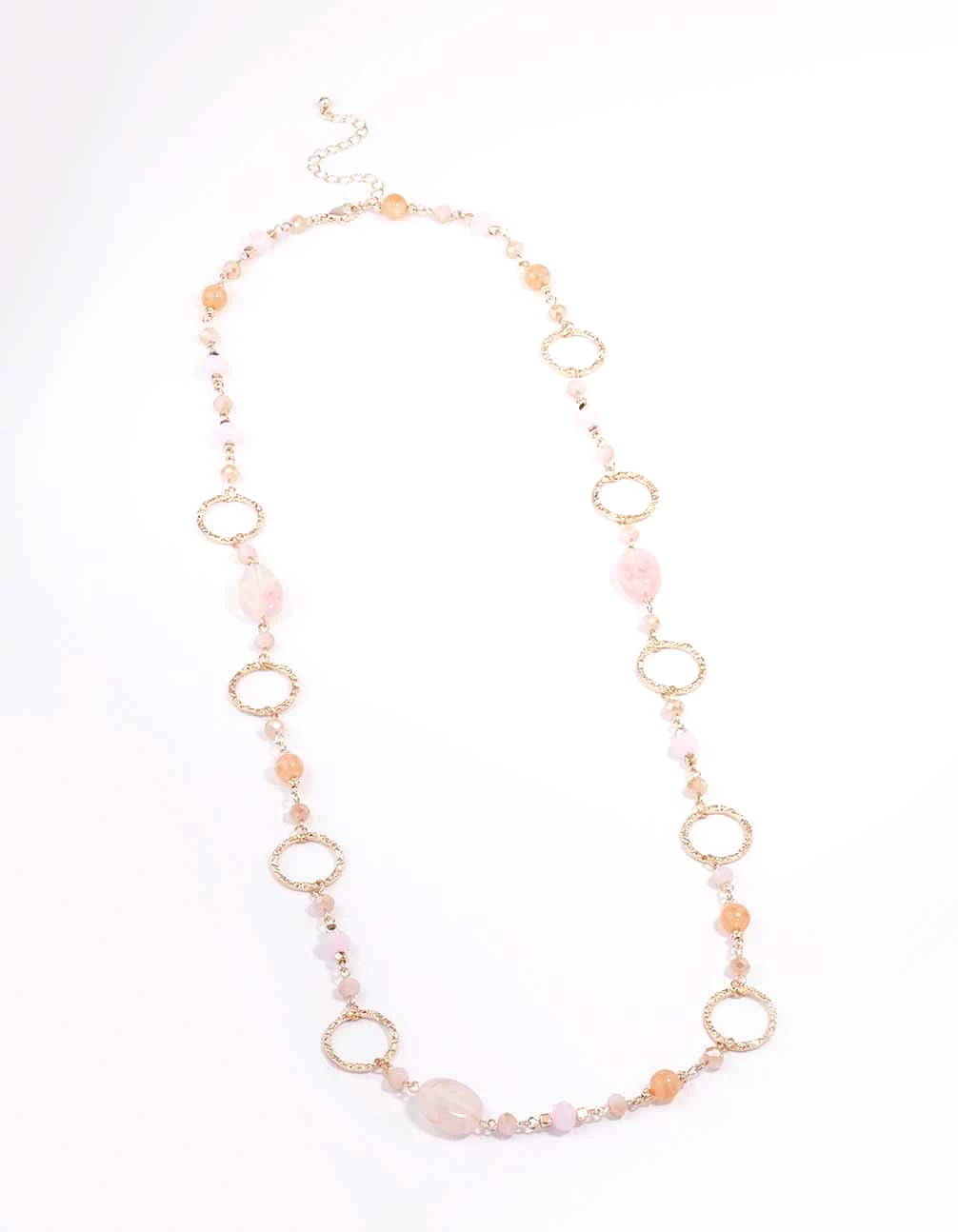 Rose Gold Long Pink Beaded Disc Necklace