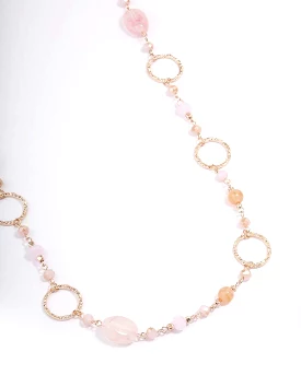 Rose Gold Long Pink Beaded Disc Necklace