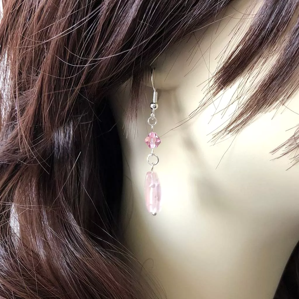 Rose Quartz and Swarovski Crystal Dangle Earrings