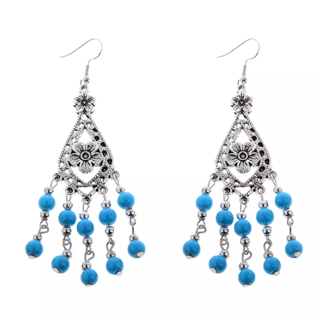 Royal Blue and Silver Beaded Flower Dangle Earrings