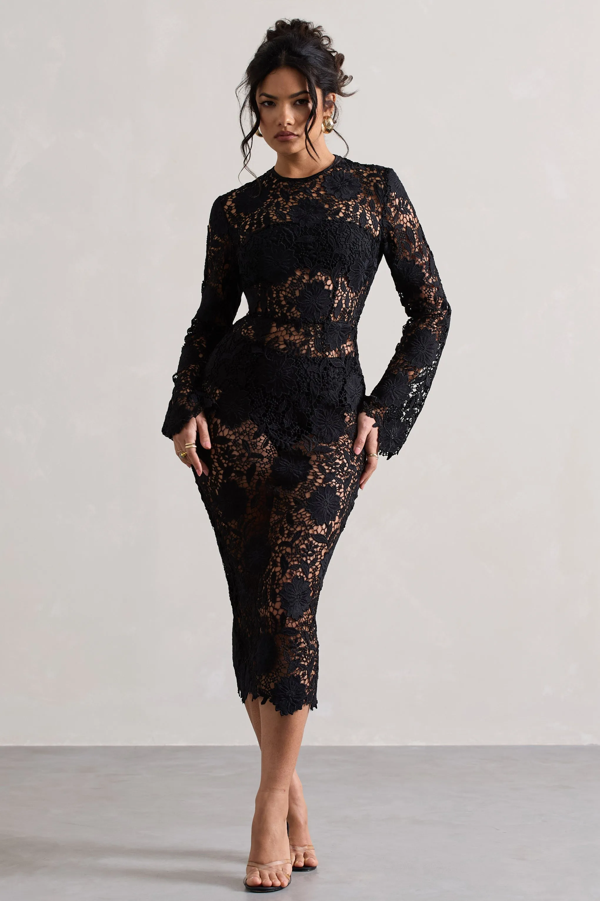 Scandal | Black Lace Long-Sleeved Midi Dress