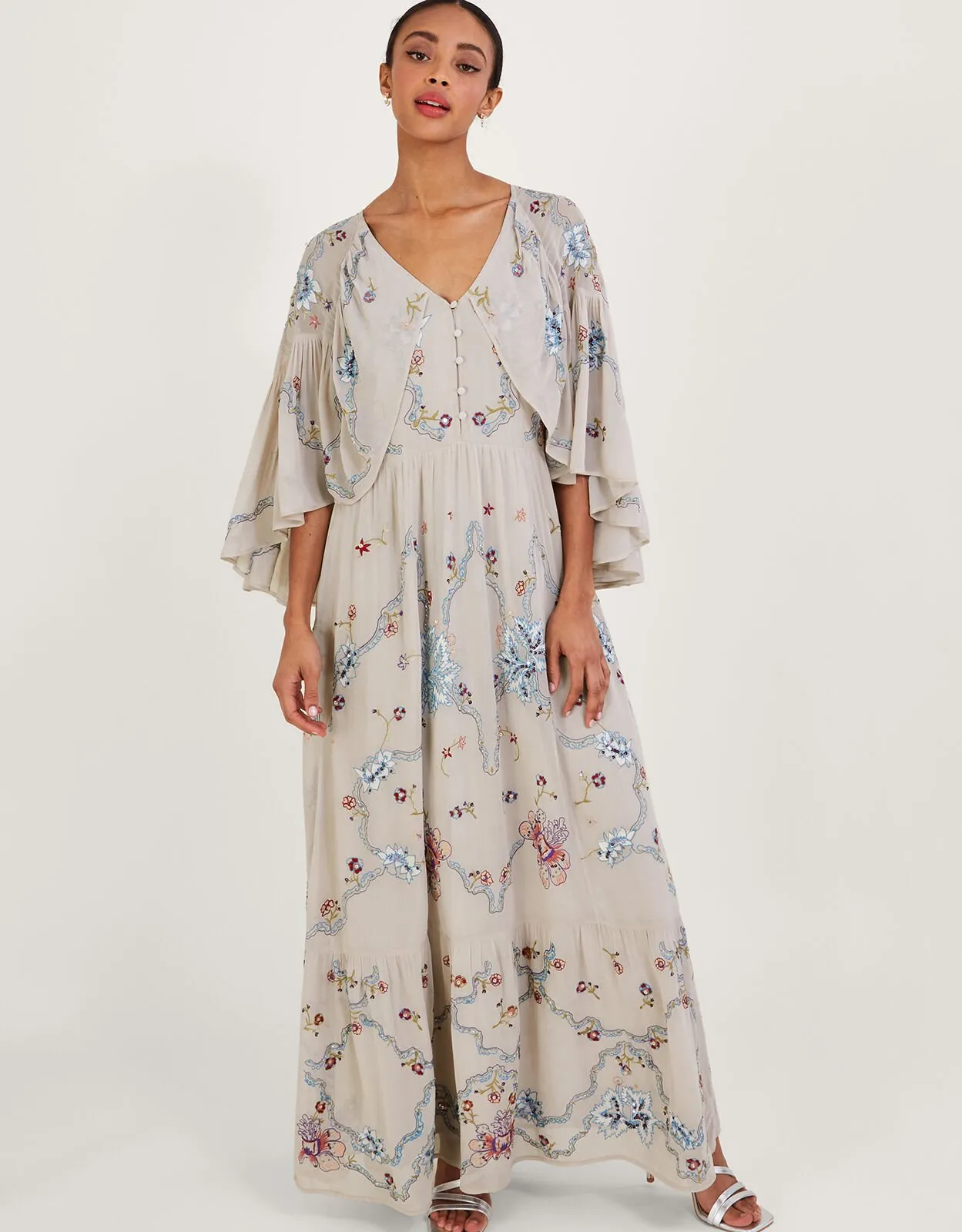 Seraphina Embroidered Cape Maxi Dress Nude