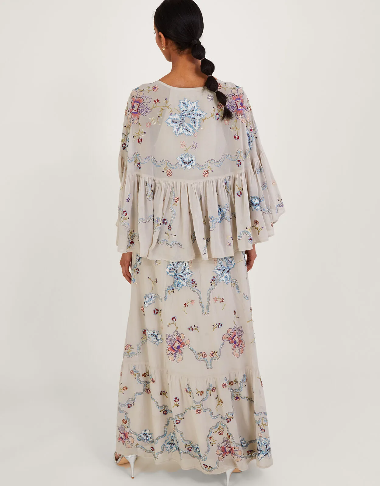 Seraphina Embroidered Cape Maxi Dress Nude