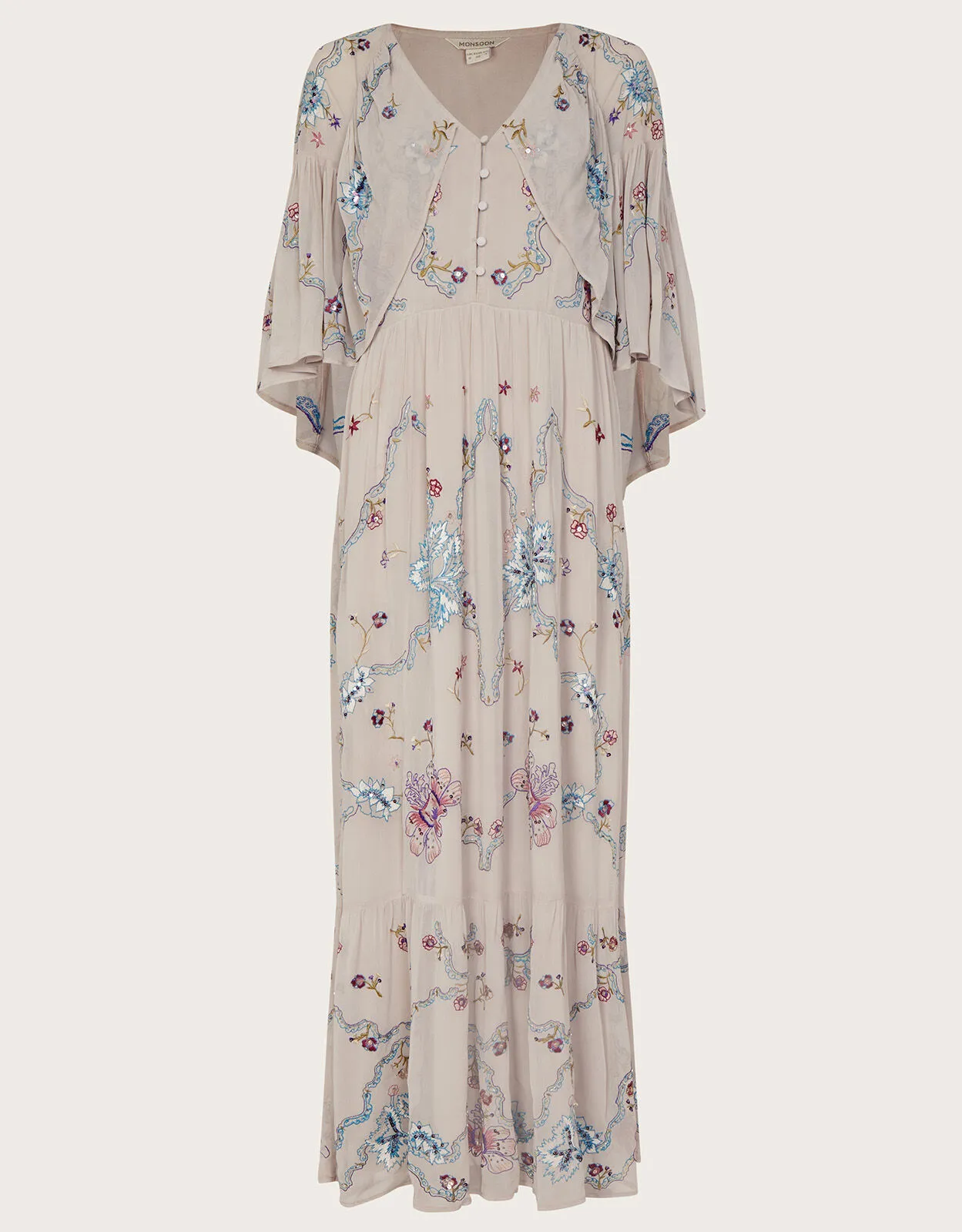 Seraphina Embroidered Cape Maxi Dress Nude